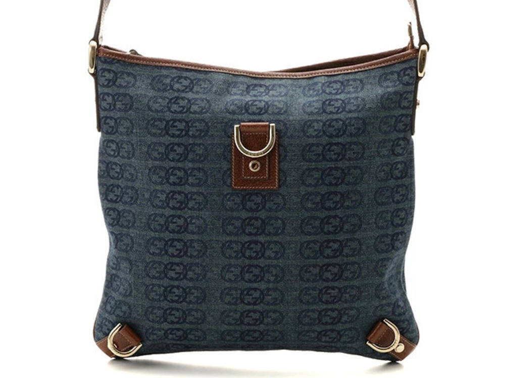 Gucci Hobo Bag GG Blue Dark Brown Denim Leather